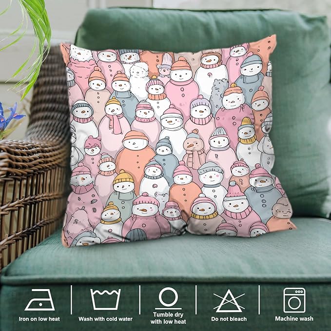 Shrahala Cute Snowmen Winter Accessories Decorative Couch Cover, Doodle Pastel Snowmen Square Throw Pillows Blended Double-Sided No Inserts for Bedroom Living Room Set of 2 (18 x 18 in)