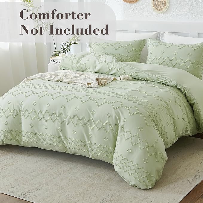 EMME Boho Duvet Cover Queen Size Sage Green - 3 Pieces Soft & Breathable Tufted Shabby Chic Embroidery Bedding for All Seasons, 1 Duvet Cover with 2 Pillow Shams & Zipper Closure (Sage Green, Queen)