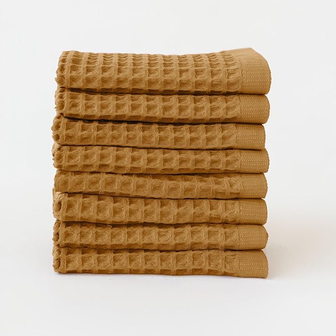 Waffle Washcloths Set of 8 Caramel Brown - Premium Quality 100% Turkish Cotton Face Washcloth, Soft Makeup Towel, Shower Cloth, Kitchen Towel (Caramel, Set of 8 Washcloths)