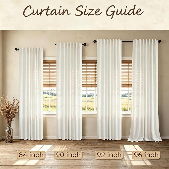 Natural Linen Back Tab Curtains 84 Inch Length for Living Room 2 Panel Pocket Drape Light Filtering Semi Sheer Neutral Country Rustic Farmhouse Boho Curtain Bedroom Muslin Look Ivory Cream Colored