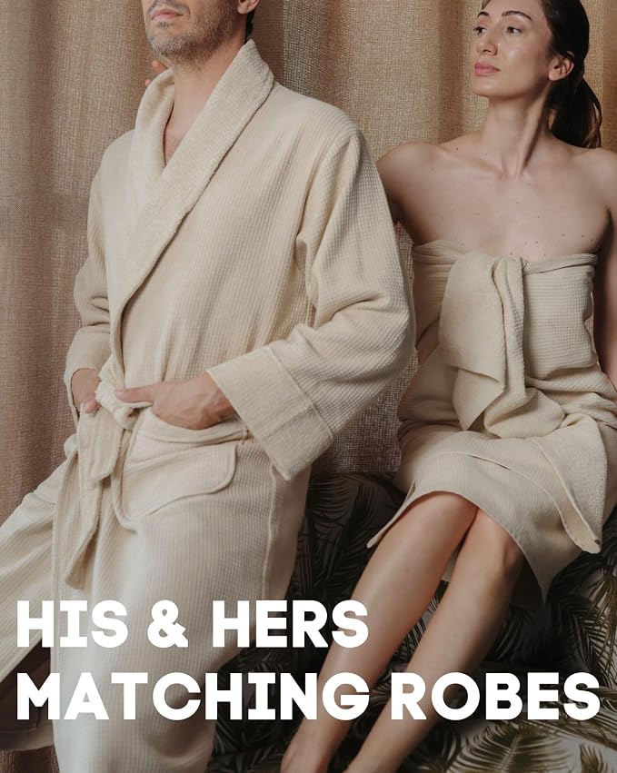 sea me at home Turkish Cotton Waffle Bathrobe, Luxury Spa Hotel Shawl Collar Robe for Women & Men, Plush Terry Inside