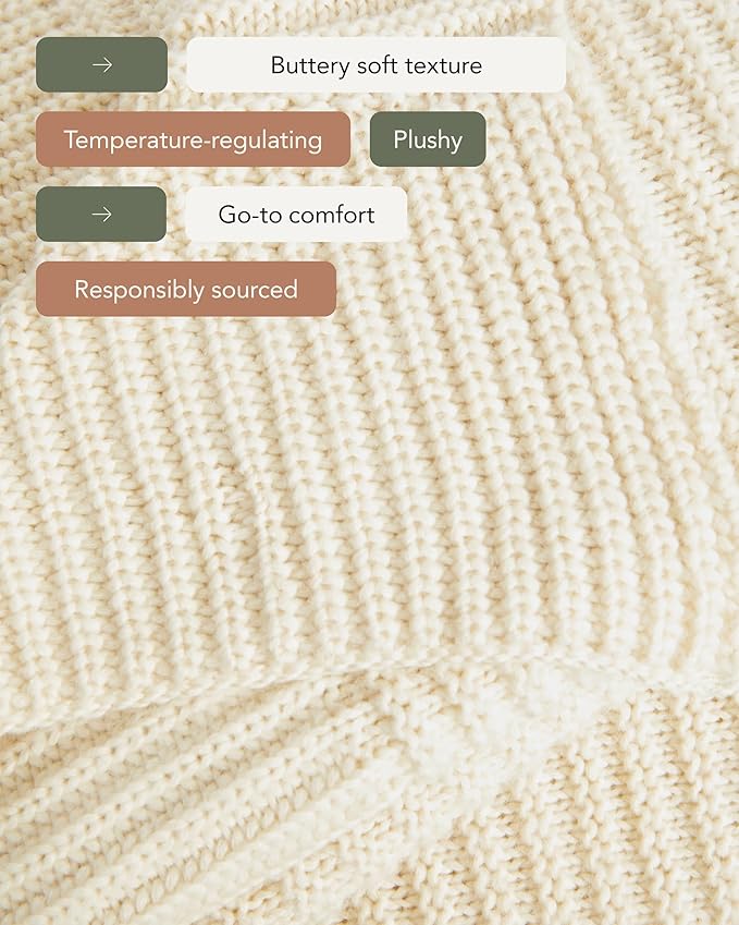 UnHide Melange Knit Blanket - 60" x 80" Textured & Ultra-Soft Wool Throw - Timeless & Breathable Knitted Blanket for Bedroom & Living Room - Snow White