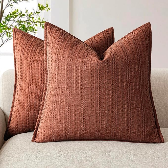 Foindtower Set of 2 Decorative Cotton Waffle Weave Throw Pillow Cover Euro Shams Cushion Covers Accent European Pillowcase For Bed Couch Sofa Bedroom Living Room Home Decor 20×20 Inch Fall Rust Orange
