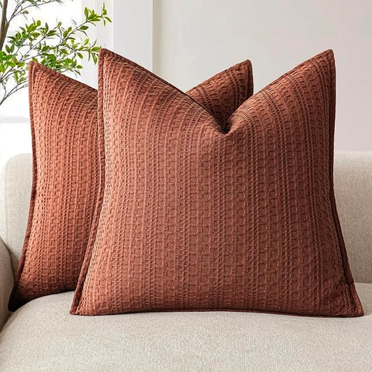 Foindtower Set of 2 Decorative Cotton Waffle Weave Throw Pillow Cover Euro Shams Cushion Covers Accent European Pillowcase For Bed Couch Sofa Bedroom Living Room Home Decor 22×22 Inch Fall Rust Orange