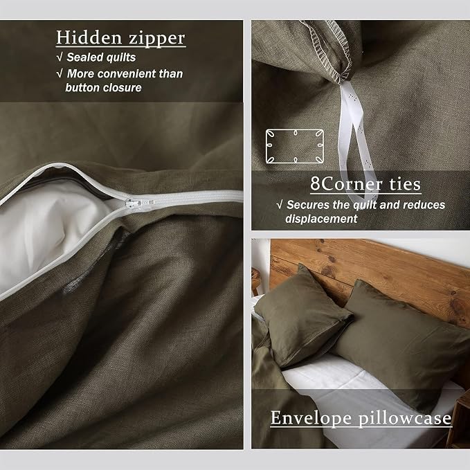 XZ XIFA Olive Green Linen Duvet Cover Oversized King, 100% Washed French Flax Linen Bedding Set with Zipper Closure, Cooling & Textured Bed Sets for Hot Sleepers(1 Duvet Cover, 2 Pillowcases)
