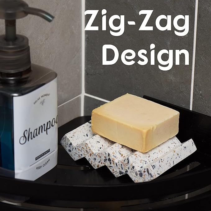 Tapeera Zig Zag Terrazzo Stone Soap Dish for Bathroom Sink - Concrete Soap Saver for Bar Soap Holder for Shower - Sponge Holder - Self Draining Soap Dish Holder - Kitchen Soap Tray (White)