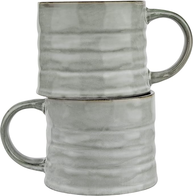KooK Glazed Coffee Mugs, Ceramic, Microwave & Dishwasher Safe, 13 oz, Java/Slate Lined, Set of 2