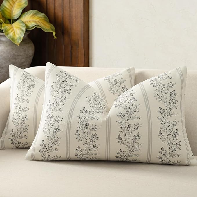 Vintage Throw Pillow Covers 12x20 Set of 2, Striped Floral Pillow Cover Botanical Patterned Decorative Cushion Covers Modern Farmhouse Home Decor for Sofa Couch Bed Living Room, Quiet Gray