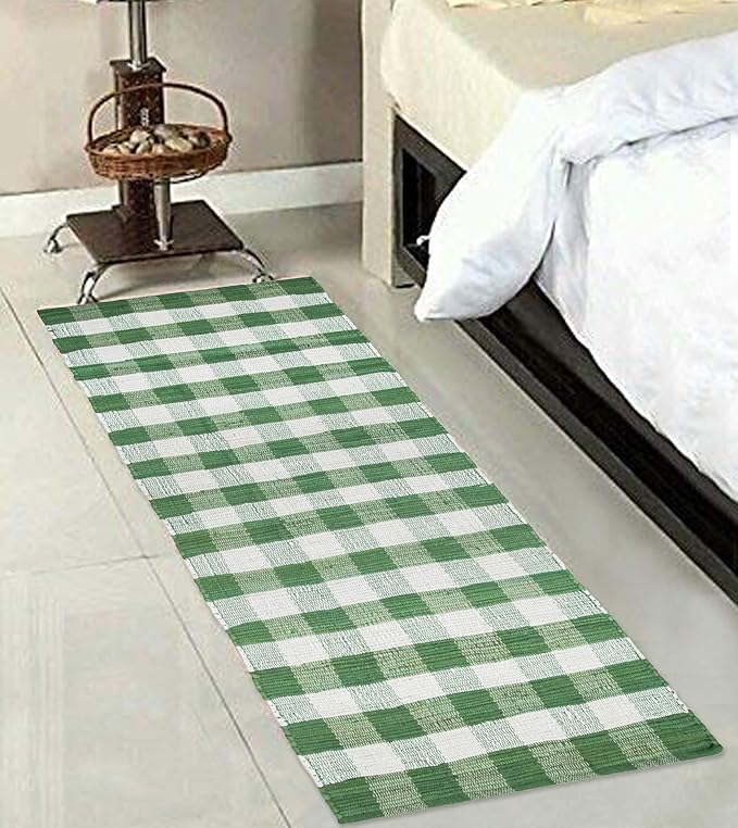 GLAMBURG Cotton Reversible Area Runner Rug 2' x 6' for Bedroom Living Room Kitchen Hallways Front Porch Laundry Room, Handwoven Farmhouse Floor Mat, Washable Checkered Plaid Runner Rug Green White