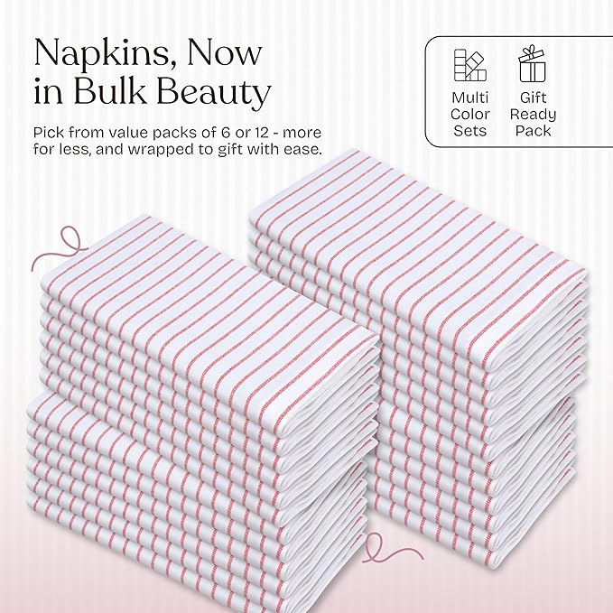 Red Stripe Dinner Napkins (Set of 6), Large 18 x 18 Inches, 100% Cotton, Soft, Absorbent, Durable Classic Striped Cloth Napkin for Everyday Use, Parties, Wedding Receptions, Lunch