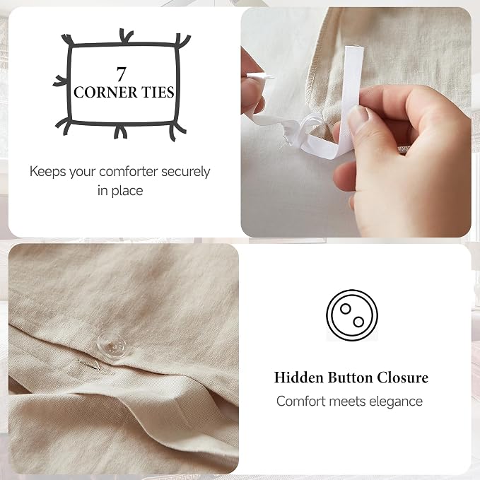 QKTE French Linen Duvet Cover Set, 3 PCS Natural French Flax Beige Duvet Cover King Size, Breathable Soft Comfy Linen Bedding Comforter Cover with 2 Pillowcases(Beige, 104" x 92")