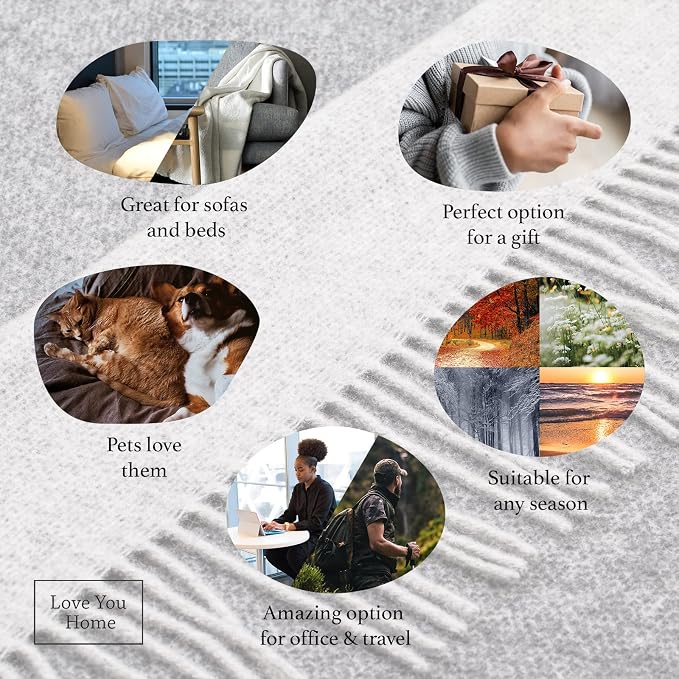 LYHome Merino Wool Blanket - Warm Throw for Cold Weather, Warmest Travel Outdoor Camping Blankets, Picnic Army and Military Throws, Comforter Soft & Cozy (55" x 79" Grey - Light Grey Double-Sided)