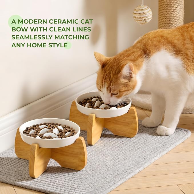 Raised Slow Feeder Cat Bowl with Stand, 6.3'' Wide Ceramic Elevated Shallow Slow Eating Cat Bowl for Dry/Wet Food, Anti-Vomiting Pet Puzzle Feeder, Whisker Friendly, Dishwasher Safe (2 Pack) | Anti-Gulping & Keep Fit, Dishwasher Safe, For Dry and Wet F...
