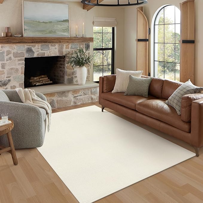 LEEVAN Washable Area Rug 4x6, Hand-Woven Cotton Living Room Rug, White Braided Bedroom Rugs, Farmhouse Indoor/Outdoor Floor Carpet for Patio, Nursery, Office, Playroom, Dining Room