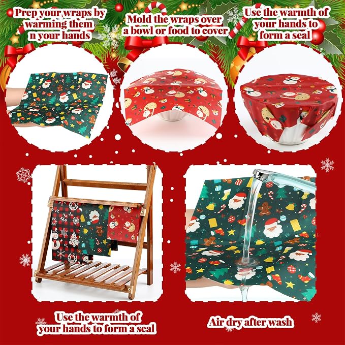 Ctosree 9 Pack Christmas Beeswax Wraps for Food 14.17" 11.42" 7.48" Reusable Beeswax Storage Wrap Bread Sandwich Wrapper for Christmas Kitchen Storage Bowl Covers