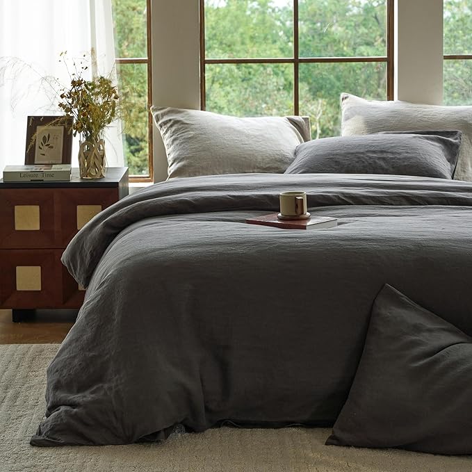 SIJO Premium Stone Washed Organic French Linen Duvet Cover, GOTS Certified Organic, Small Batch Sourced from Normandy, Best Cooling Linen Sheet Award by Sleep Foundation (Storm, Full/Queen)