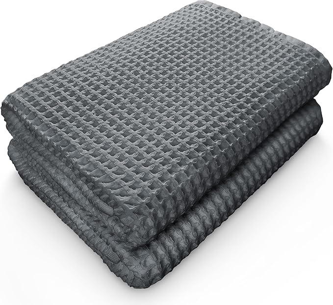 Softerry European Waffle Weave Bath Towel Set - 100% Organic Cotton - Quick Dry Lint Free Thin and Absorbent - Fade Resistant - Eco-Friendly (Set of 2 Bath, Space Gray)