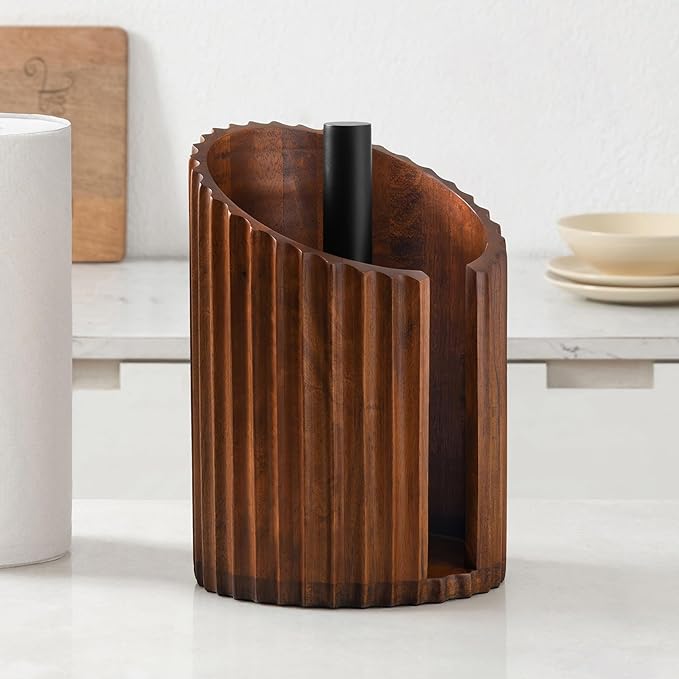 Anji Mountain Wooden Paper Towel Holder Countertop with Mango Wood Round Base and Iron Holder, Holder Stand for Kitchen Roll Organizer & Kitchen Dining Table Home Decor - Walnut/Black, Fluted