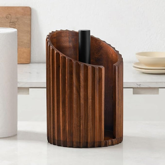Anji Mountain Wooden Paper Towel Holder Countertop with Mango Wood Round Base and Iron Holder, Holder Stand for Kitchen Roll Organizer & Kitchen Dining Table Home Decor - Walnut/Black, Fluted