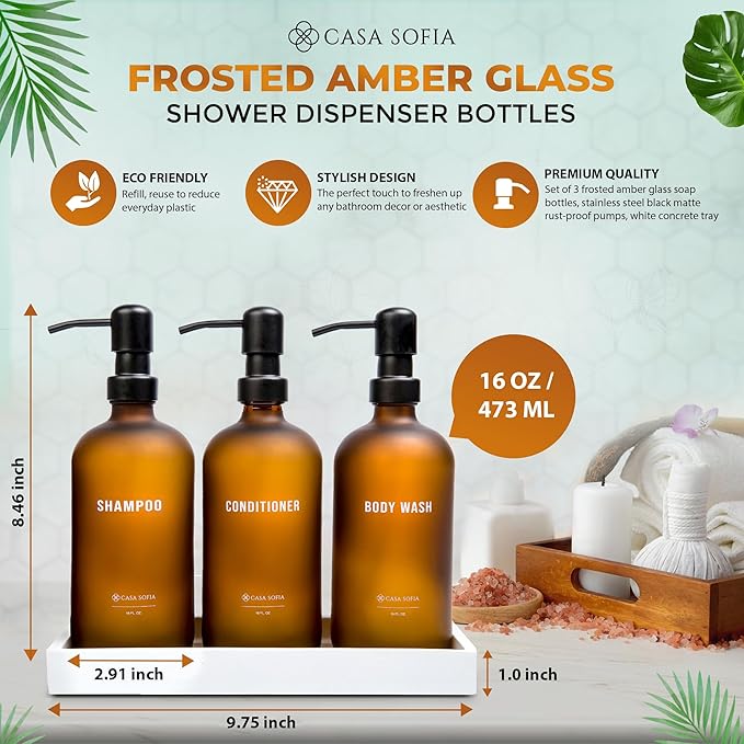 Frosted Amber Glass Shampoo and Conditioner Dispenser Set – Refillable 16 oz Pump Bottles with Concrete Tray – Luxury Bathroom Organization & Modern Shower Soap Dispensers