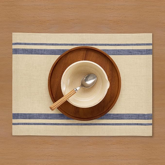 Solino Home Linen Placemats Set of 4 - French Stripe Navy and Natural Placemats 14 x 19 Inch - 100% Pure Linen Table Mats