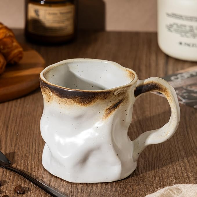 Handmade Ceramic Coffee Mugs, Mugs with Spoon, 11oz, Handmade Pottery Mug with Handle, Hand-painting, Unique Uneven Surface Tea cups, Dishwasher and Microwave Safe (White)