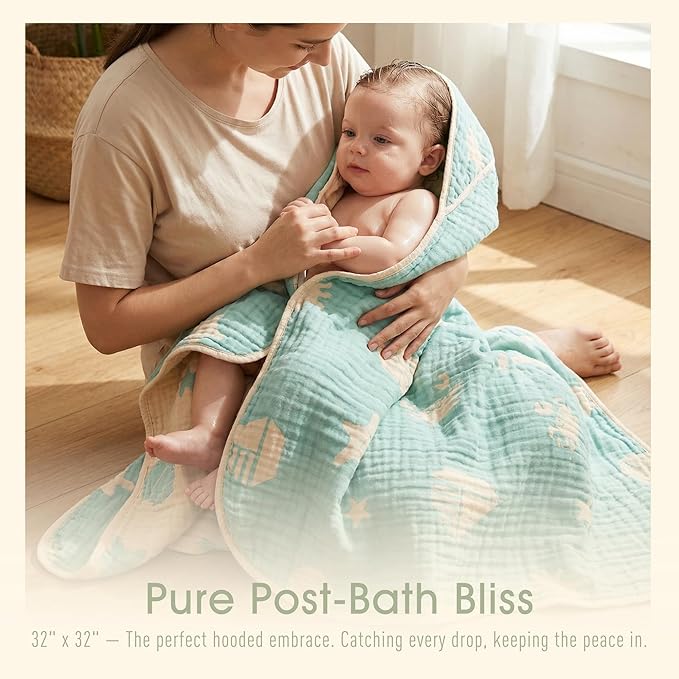Ultra-Soft Muslin Baby Hooded Towel - 32 x 32 Inches, Ideal for Bath & Beach, Suitable for Both Boys & Girls from Newborns to Toddlers
