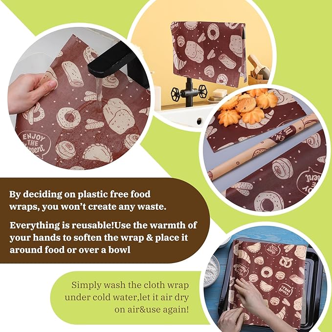 3 Rolls Reusable Beeswax Wraps for Food 13 x 40 Inches Bees Wax Wraps Reusable Food Storage Wrap Beeswax Paper Roll for Bread Sandwich Cheese Fruit Snacks(Bakery)