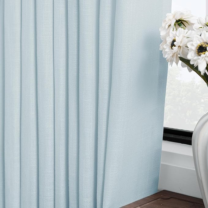 Sky Blue Curtains 63 inch Length for Bedroom Back Tab Light Filtering Semi Sheer Blue Living Room Curtains Linen Cotton Textured Drapery Panel Aesthetic Decor Light Blue 52x63