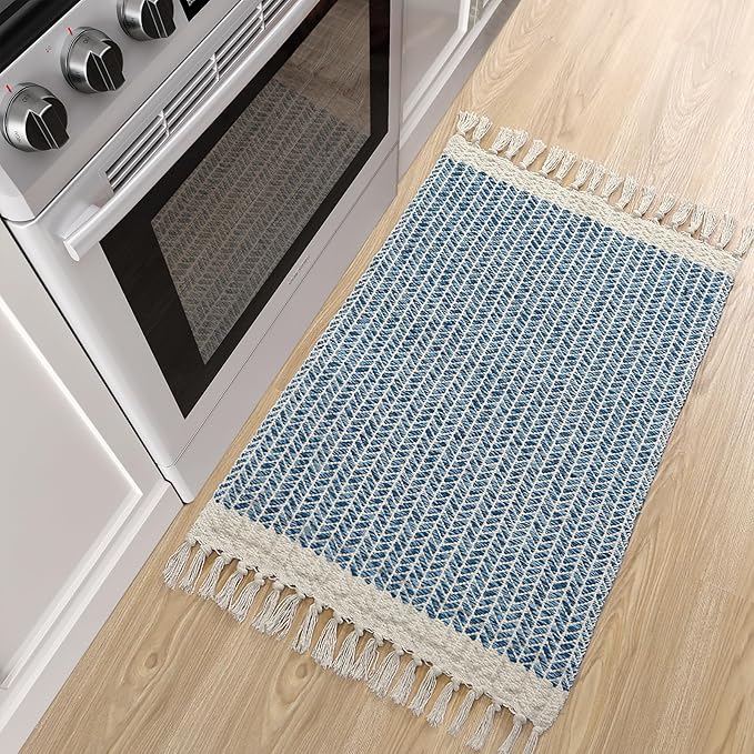 Lahome Belle Boho Bathroom Rugs, Small 2x3 Front Door Bath Mats Lightweight Entryway Rug Woven Cotton Area Rug with Tassels, Farmhouse Blue Throw Rug Washable Low Pile Carpet for Kitchen