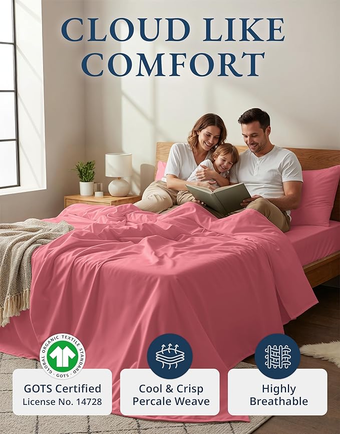 LANE LINEN 100% Organic Cotton Queen Sized Sheets, Fuly Elasticized Mercerized Low Pill Fade Resistant Percale Weave Bedsheets for Queen Size Bed, Soft and Comfy Sheet & Pillowcase Sets - Mineral Red