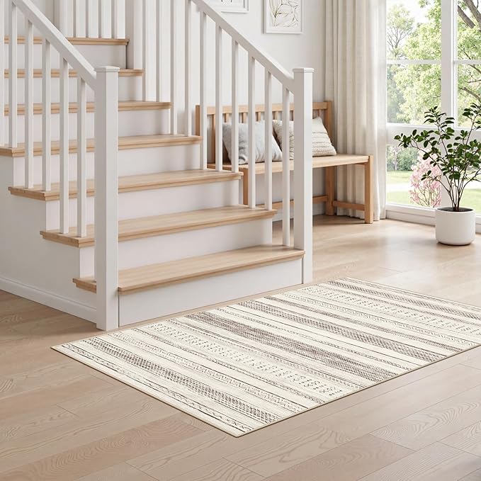 Tortania Area Rug Living Room Rugs - 2x3 Washable Soft Neutral Boho Moroccan Farmhouse Mat Indoor Floor Carpet for Bedroom Hallway Entryway Kitchen Home Office Decor - Beige