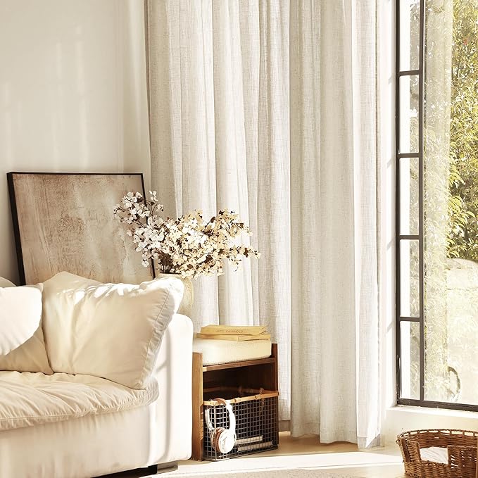 Faux Linen Beige Curtains 45 inches Long for Living Room Rustic Farmhouse Linen Drapes Semi Sheer Burlap Textured Canvas Cloth Curtain Panels Set of 2 Kahki Tan Colored