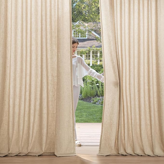 MIULEE Non-See-Through Privacy Linen Curtains 2 Panels, Light Filtering Window Curtains Farnhouse Textured Back Tab Semi Sheer Drapes for Bedroom Living Room, 52 x 63 Inches Long, Light Brown