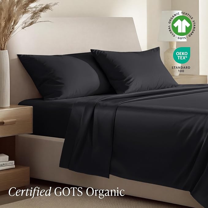 Bare Home 100% Organic Cotton King Sheet Set - 400 Thread Count - Smooth Sateen Weave - Breathable & Cooling - Hotel Luxury Set - Deep Pocket Bed Sheets (King, Black)