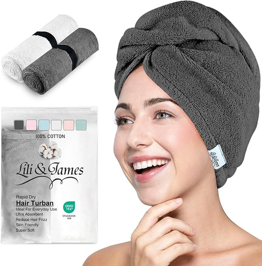 Lili&James 100% Cotton Hair Towel Wrap for Women & Kids – 420 GSM Quick Dry Hair Turban with Double Button Loop, Anti Frizz Non Microfiber Hair Drying Towel for Curly, Long & Thick Hair (White+Grey)