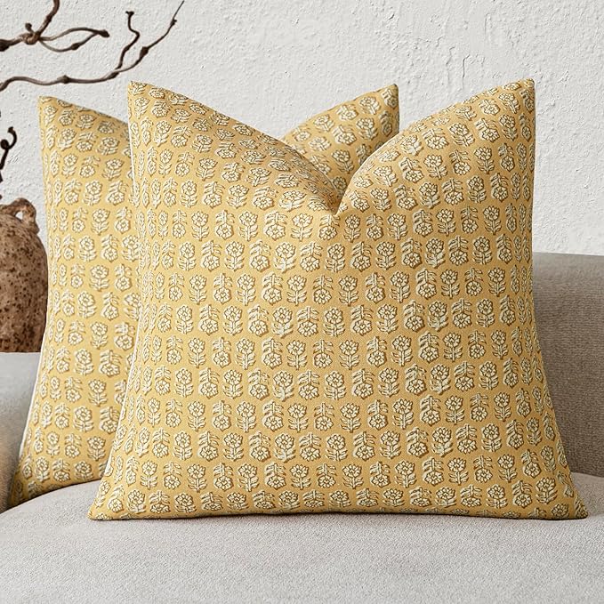 Foindtower Set of 2 Decorative Vintage Floral Print Throw Pillow Covers Neutral Modern Farmhouse Cushion Covers Boho Home Decor For Sofa Couch Chair Bedroom Living Room Outdoor,22×22 Inch,Light Yellow
