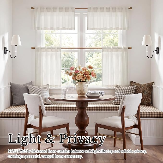 NICETOWN Linen Kitchen Curtains 18 inch Long, Light Filtering Privacy Small Cafe Curtains 55" W, Linen Textured Elegant Short Window Treatments for Farmhouse Home Decor