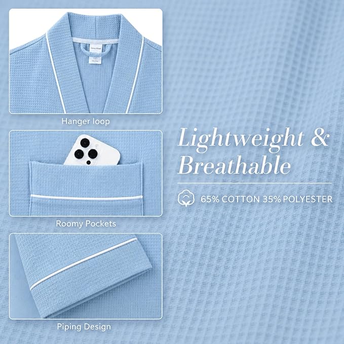 Inner Wish Women's Cotton Waffle Kimono Robe, Lightweight Quick Dry Spa Shower Robe with Pockets
