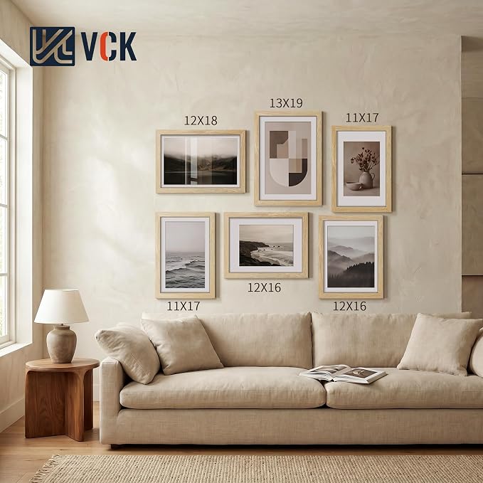 VCK 12x16 Picture Frames Natural - 3 Pack, Wide Border Solid Wood, Tempered Glass, Display 11x14 Photo with Mat or 12 x 16 Without, for Home, Office, Gallery, Woodgrain Series, Wall Hanging
