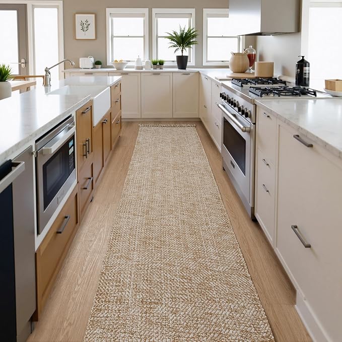 Collive Boho Long Hallway Runner Rug, 2.6x14 ft Washable Runners Rugs for Hall Tan/Cream Low Pile Kitchen Runer Carpet, Woven Cotton Carpets Runners for Entryway Bedside