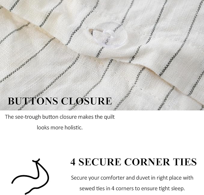 S VICTORY SYMBOL 100% Organic Linen Duvet Cover Set Grey Pinstripe,Yarn Dyed French Natural Flax Bedding Set,3pcs Farmhouse Comforter Cover Set Full Size