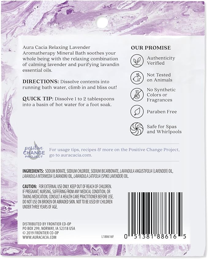 Aura Cacia Aromatherapy Mineral Bath, Relaxing Lavender, Mineral Bath Salts with Pure Essential Oils for a Soothing and Rejuvenating Foot and Body Soak | 2.5 Ounce (Pack of 1)