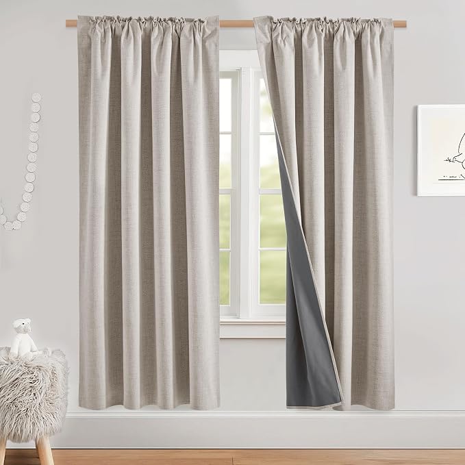 NICETOWN Natural Linen Blackout Curtains for Farmhouse, W52 x L78 Inch, Set of 2, Thick Linen Blend Insulated Rod Pocket Back Tab Draperies with Gray Liner, Drapes for Bedroom, Living Room, and More