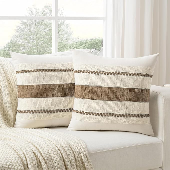 Fancy Homi Set of 2 Boho Light Brown Decorative Throw Pillow Cover 20x20 Inch for Couch Bed Sofa, Aesthetic Modern Organic Farmhouse Home Decor, Soft Cotton Cute Accent Macrame Woven Cushion Case
