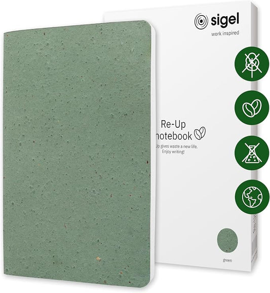 Sigel RU103 Re-Up Recycled Notebook, Lined, Thick 100 g Paper, Approx. A5, Green, Soft Cover, 100 Pages, Vegan - Cover of Coffee Bean Shells, Pages Made of Cotton Scraps