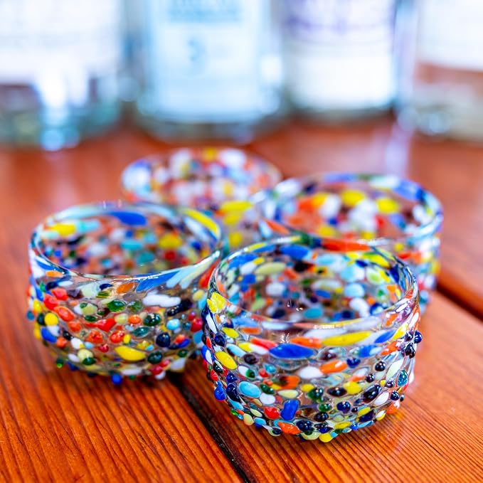 Mezcal Cups | Hand-Blown Glass, Artisan Crafted | Rainbow Confetti | Sipping Copitas perfect for Mezcal or Tequila | Set of 4