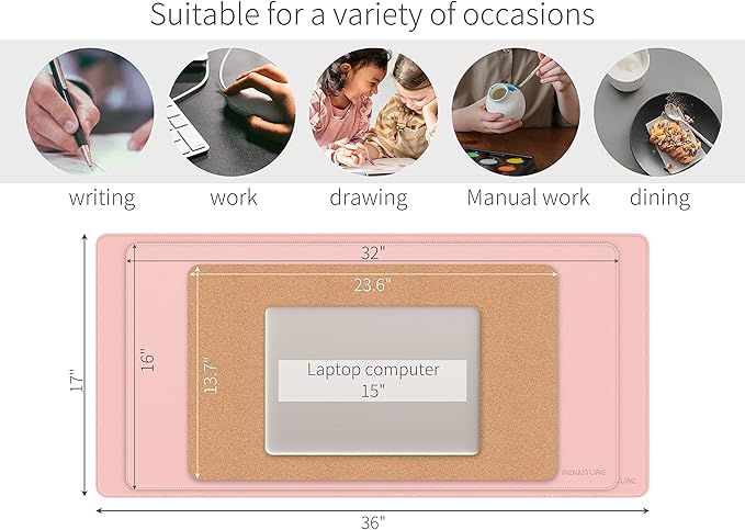 RENMTURE Dual-Sided Mouse Pad, Natural Cork & PU Leather Large Desk Pad for Office and Home Work, Desk Protector Non-Slip, Waterproof, Easy Clean (Pink, 23.6" x 13.7")