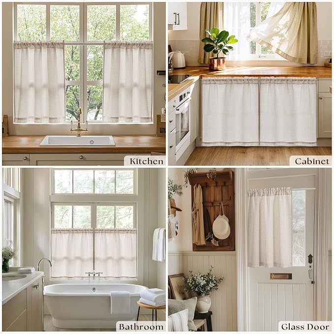 2 Panels 24 Inch RV Curtains for Camper Windows, Linen Light Coffee Beige Tan Privacy Short Curtains Semi Sheer Light Filtering Rod Pocket Small Window Drapes for Basement Bathroom W34xL24