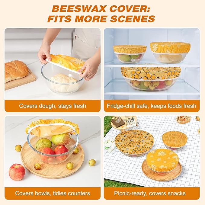 6 Pcs Beeswax Bowl Covers Reusable,Large Reusable Bowl Covers for Bread Proofing,Stretchable to Fit 8/10/12 Inch Bowls (2 Each),Beeswax Wraps for Bread,Leftovers,Fruits,Salad